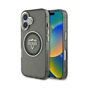 Coque iPhone 16 Guess IML Metal Mountain Logo MagSafe noire