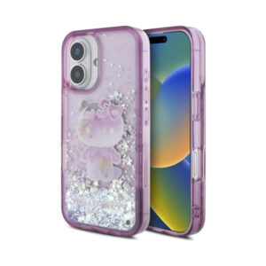 Coque iPhone 16 Hello Kitty Liquid Glitter 50TH Anniversary Party violette