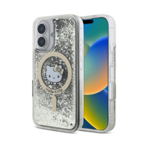 Coque iPhone 16 Hello Kitty Liquid Glitter Fever MagSafe noire et dorée