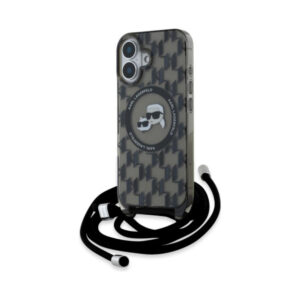 Coque iPhone 16 Karl Lagerfeld IML Crossbody Monogram Karl & Choupette Head MagSafe noire