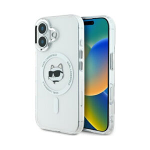 Coque iPhone 16 Karl Lagerfeld IML Metal Choupette Head MagSafe blanche