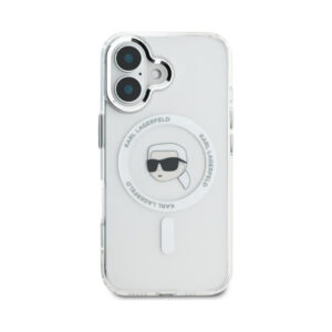 Coque iPhone 16 Karl Lagerfeld IML Metal Karl Head MagSafe blanche — visuel 3