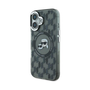 Coque iPhone 16 Karl Lagerfeld IML Monogram Karl & Choupette Head MagSafe noire — visuel 2