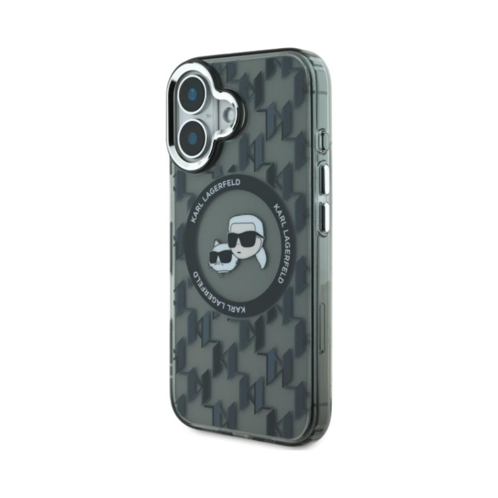 Coque iPhone 16 Karl Lagerfeld IML Monogram Karl & Choupette Head MagSafe noire — visuel 2