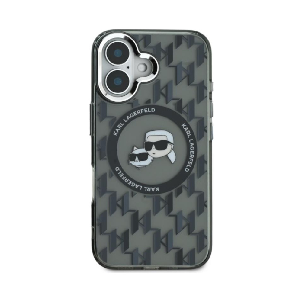 Coque iPhone 16 Karl Lagerfeld IML Monogram Karl & Choupette Head MagSafe noire — visuel 3