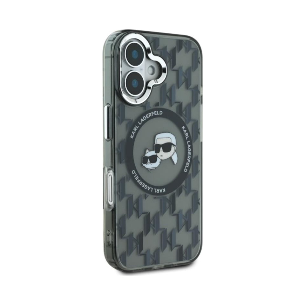 Coque iPhone 16 Karl Lagerfeld IML Monogram Karl & Choupette Head MagSafe noire — visuel 4