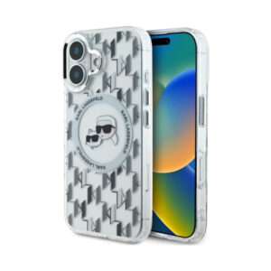 Coque iPhone 16 Karl Lagerfeld IML Monogram Karl & Choupette Head MagSafe transparente