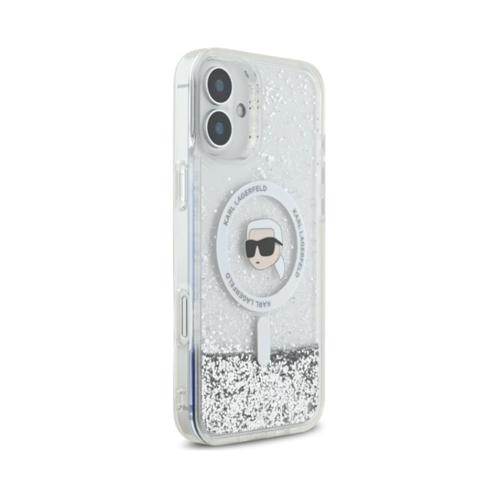 Coque iPhone 16 Karl Lagerfeld Liquid Glitter Karl Head MagSafe transparente — visuel 4
