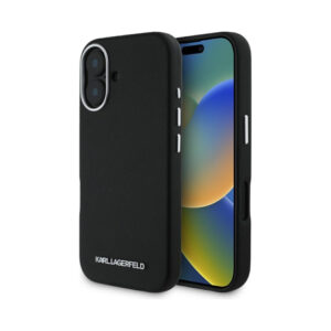 Coque iPhone 16 Karl Lagerfeld Saffiano Full Wrapped Elongated Metal Logo MagSafe noire
