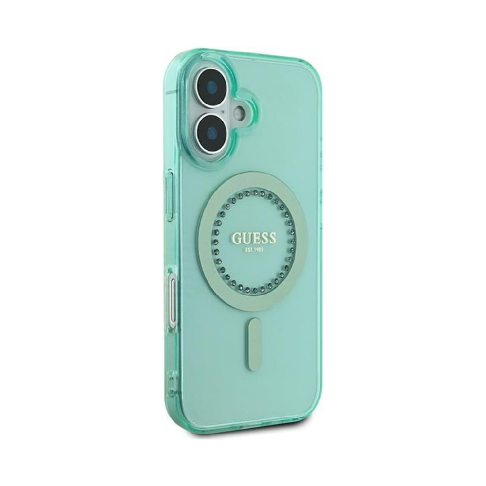 Coque iPhone 16 Plus Guess IML Rhinestones MagSafe verte — visuel 4
