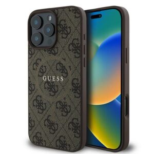 Coque iPhone 16 Pro Guess 4G Ring Classic Logo MagSafe brune