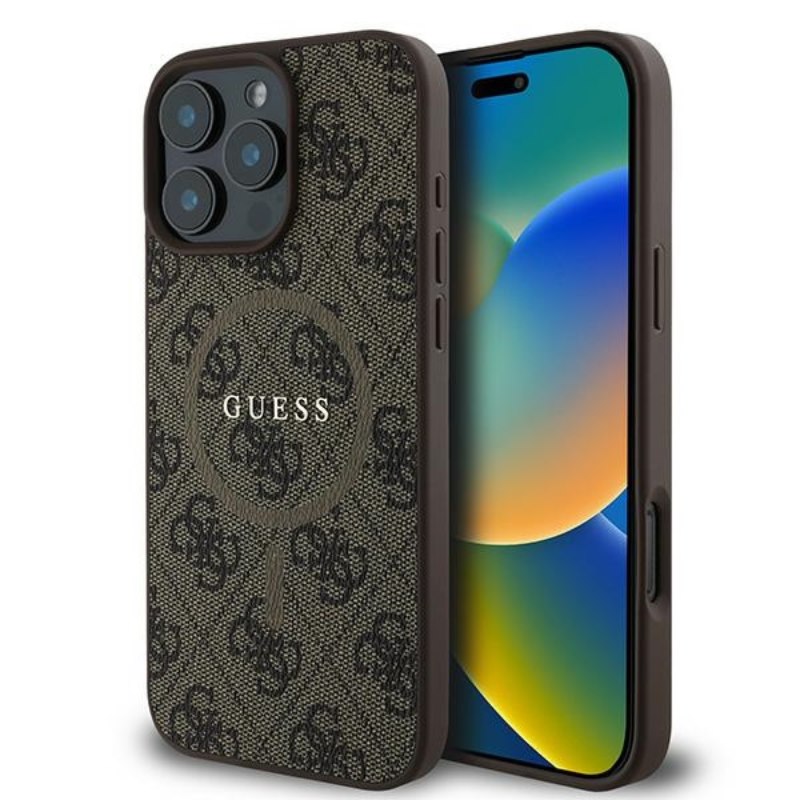 Coque iPhone 16 Pro Guess 4G Ring Classic Logo MagSafe brune
