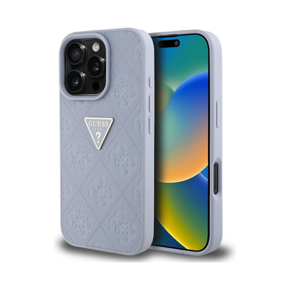 Coque iPhone 16 Pro Guess Hot Stamp 4G Pattern Triangle Metal Logo violette