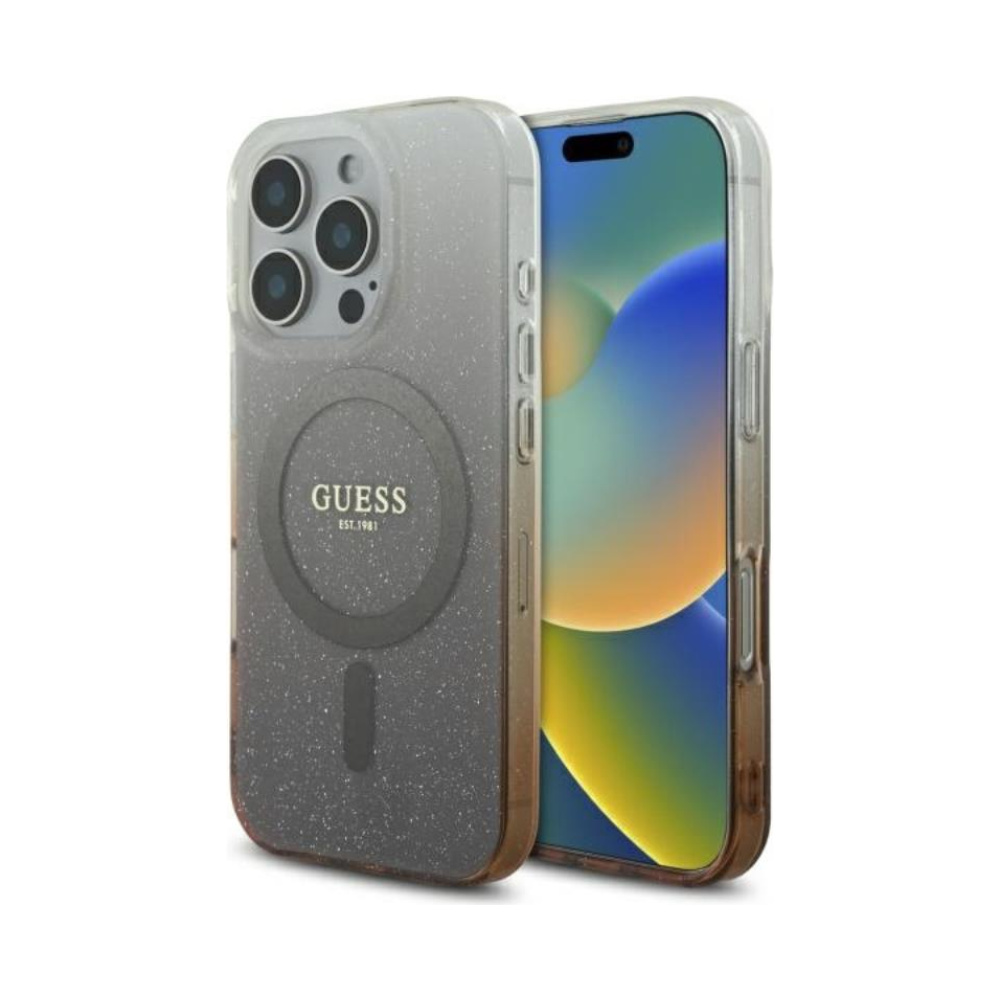 Coque iPhone 16 Pro Guess IML Glitter Gradient MagSafe brune