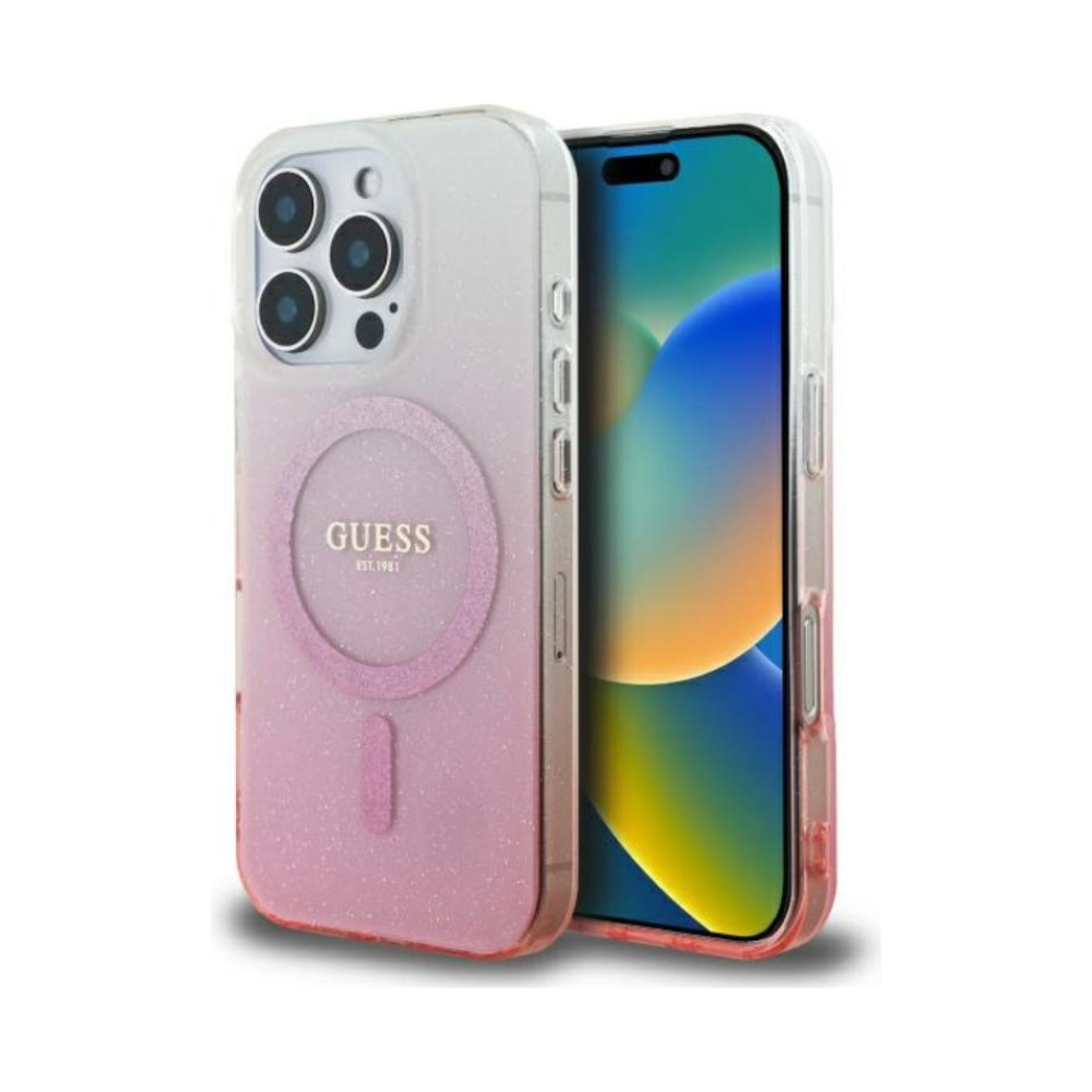Coque iPhone 16 Pro Guess IML Glitter Gradient MagSafe rose