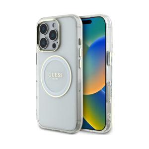 Coque iPhone 16 Pro Guess IML Metal Colored Circle Classic Logo MagSafe blanche
