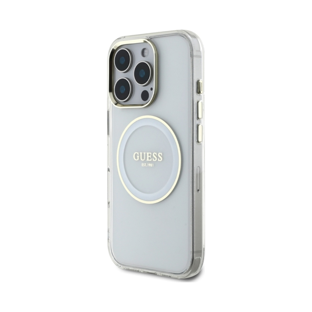 Coque iPhone 16 Pro Guess IML Metal Colored Circle Classic Logo MagSafe blanche — visuel 2