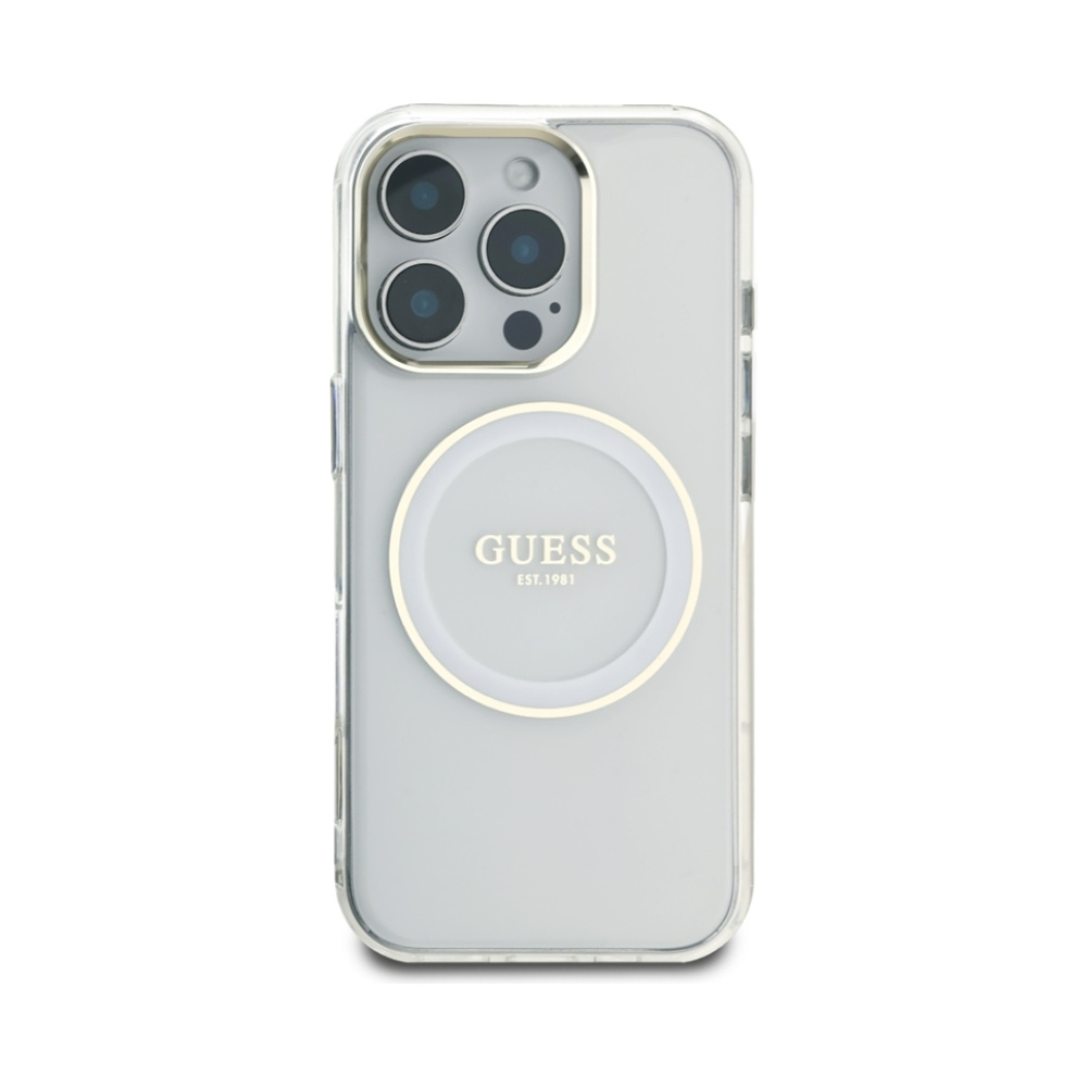 Coque iPhone 16 Pro Guess IML Metal Colored Circle Classic Logo MagSafe blanche — visuel 3