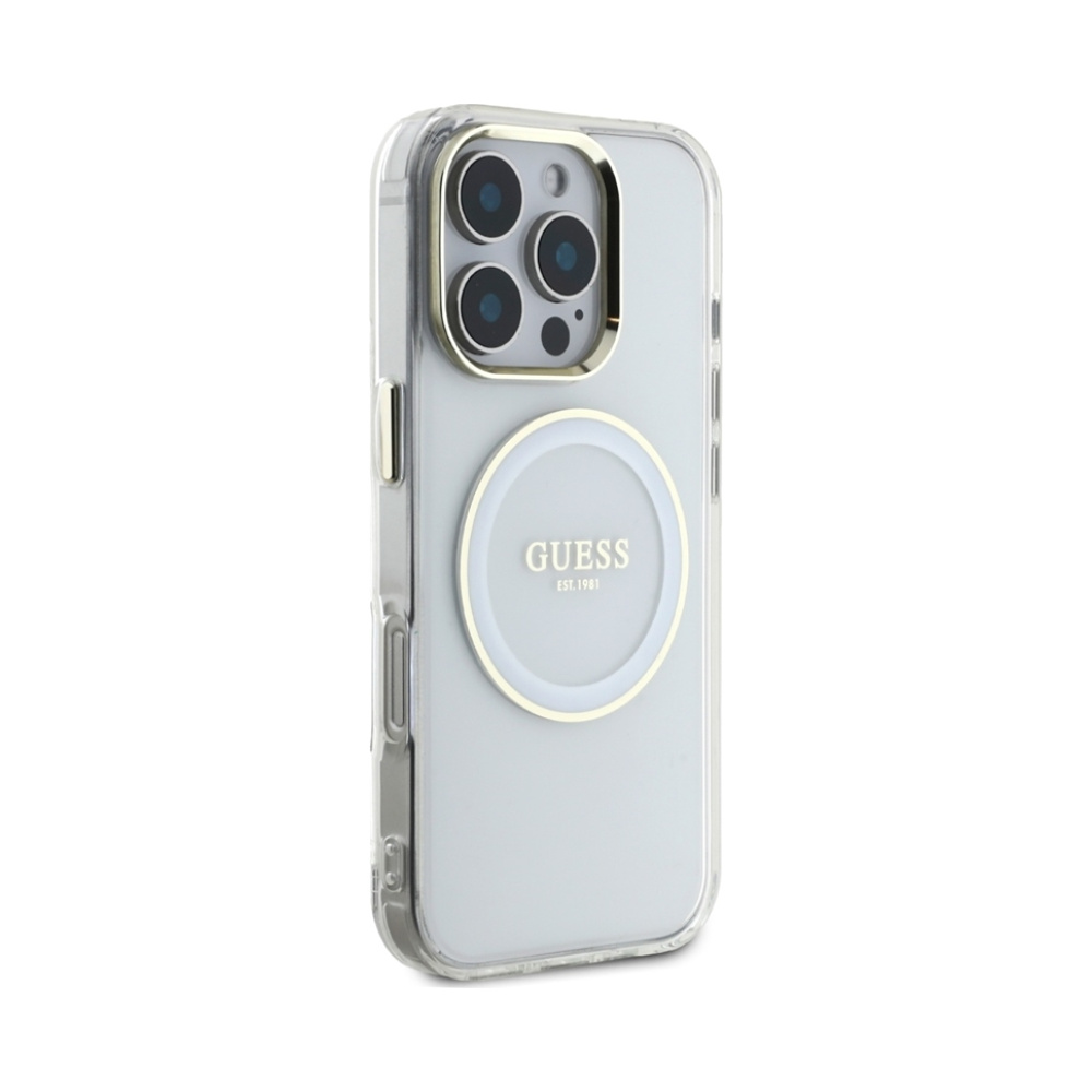 Coque iPhone 16 Pro Guess IML Metal Colored Circle Classic Logo MagSafe blanche — visuel 4