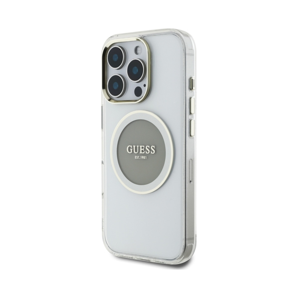 Coque iPhone 16 Pro Guess IML Metal Colored Circle Classic Logo MagSafe grise — visuel 2