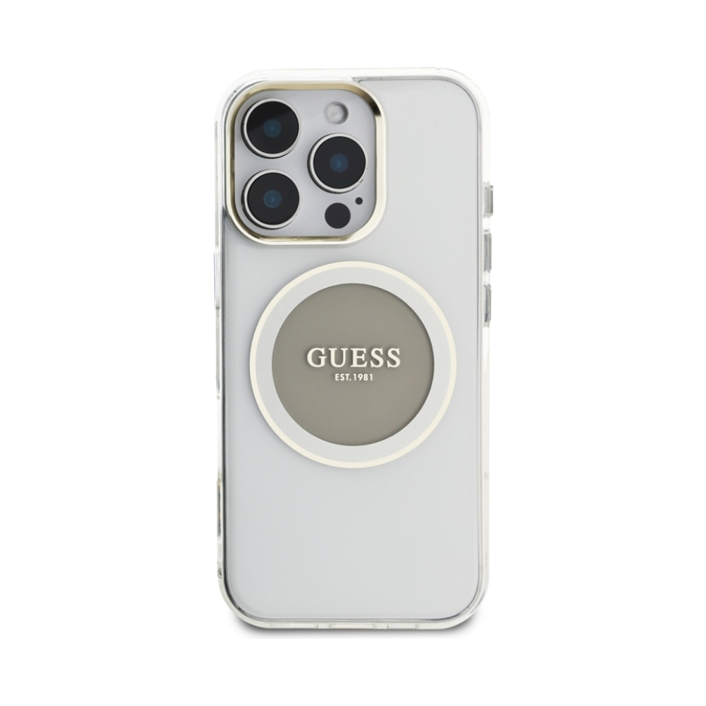 Coque iPhone 16 Pro Guess IML Metal Colored Circle Classic Logo MagSafe grise — visuel 3