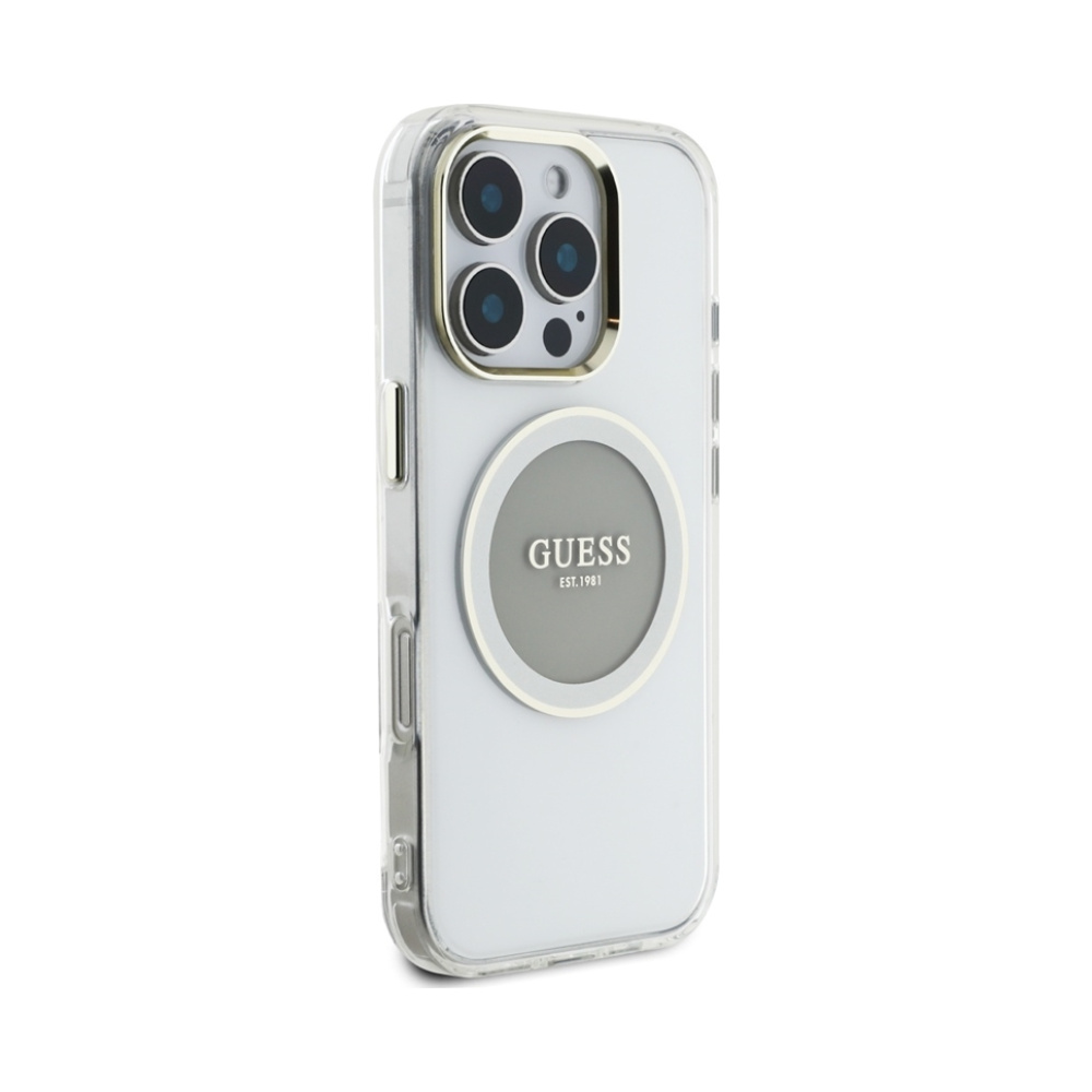 Coque iPhone 16 Pro Guess IML Metal Colored Circle Classic Logo MagSafe grise — visuel 4