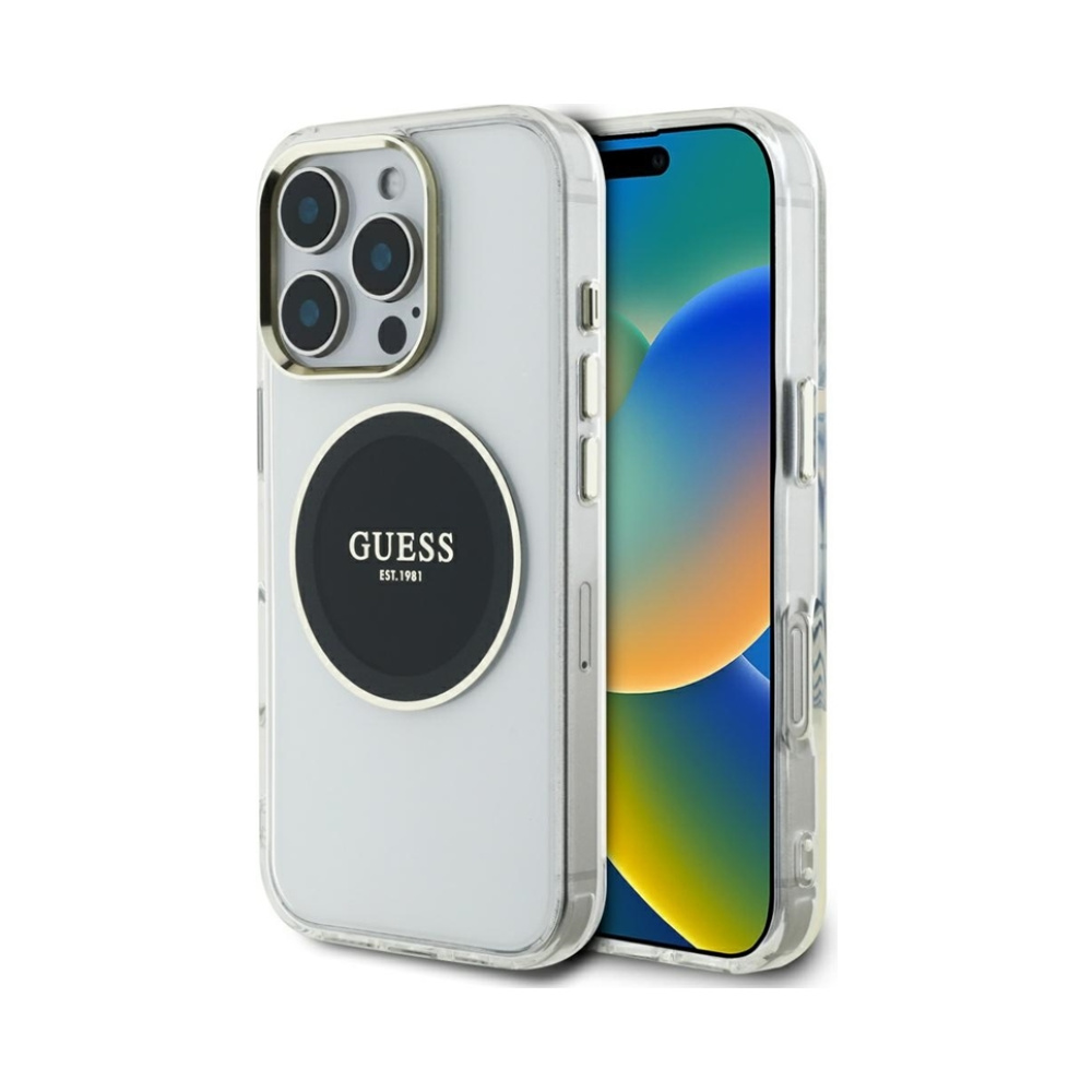 Coque iPhone 16 Pro Guess IML Metal Colored Circle Classic Logo MagSafe noire