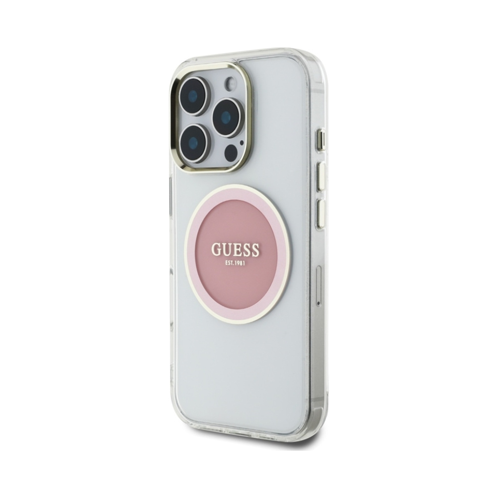 Coque iPhone 16 Pro Guess IML Metal Colored Circle Classic Logo MagSafe rose — visuel 2