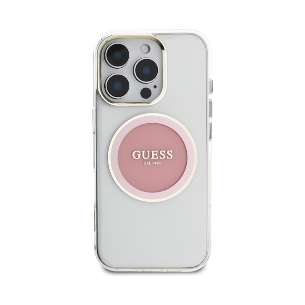 Coque iPhone 16 Pro Guess IML Metal Colored Circle Classic Logo MagSafe rose — visuel 3