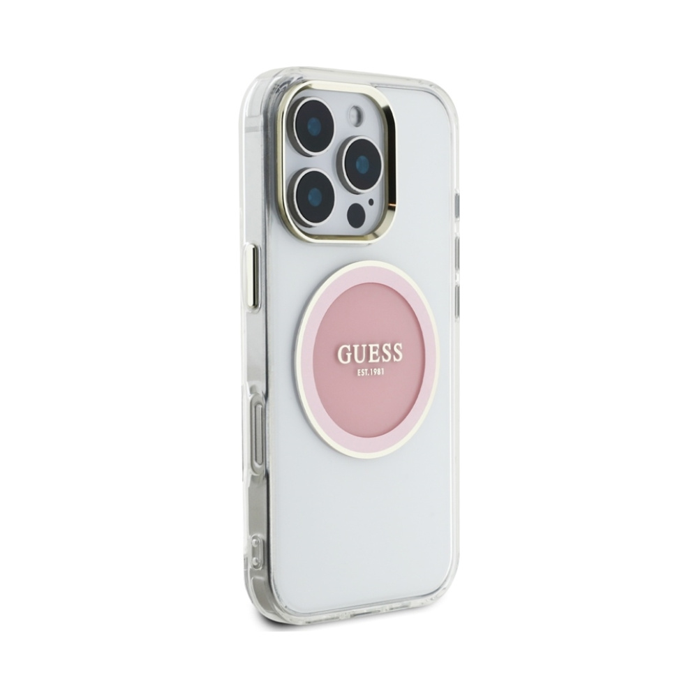 Coque iPhone 16 Pro Guess IML Metal Colored Circle Classic Logo MagSafe rose — visuel 4