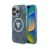 Coque iPhone 16 Pro Guess IML Metal Glitter 4G Circle Triangle MagSafe bleue