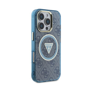 Coque iPhone 16 Pro Guess IML Metal Glitter 4G Circle Triangle MagSafe bleue — visuel 4