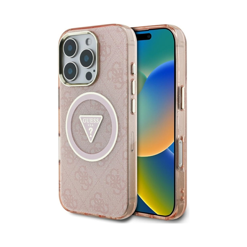 Coque iPhone 16 Pro Guess IML Metal Glitter 4G Circle Triangle MagSafe rose