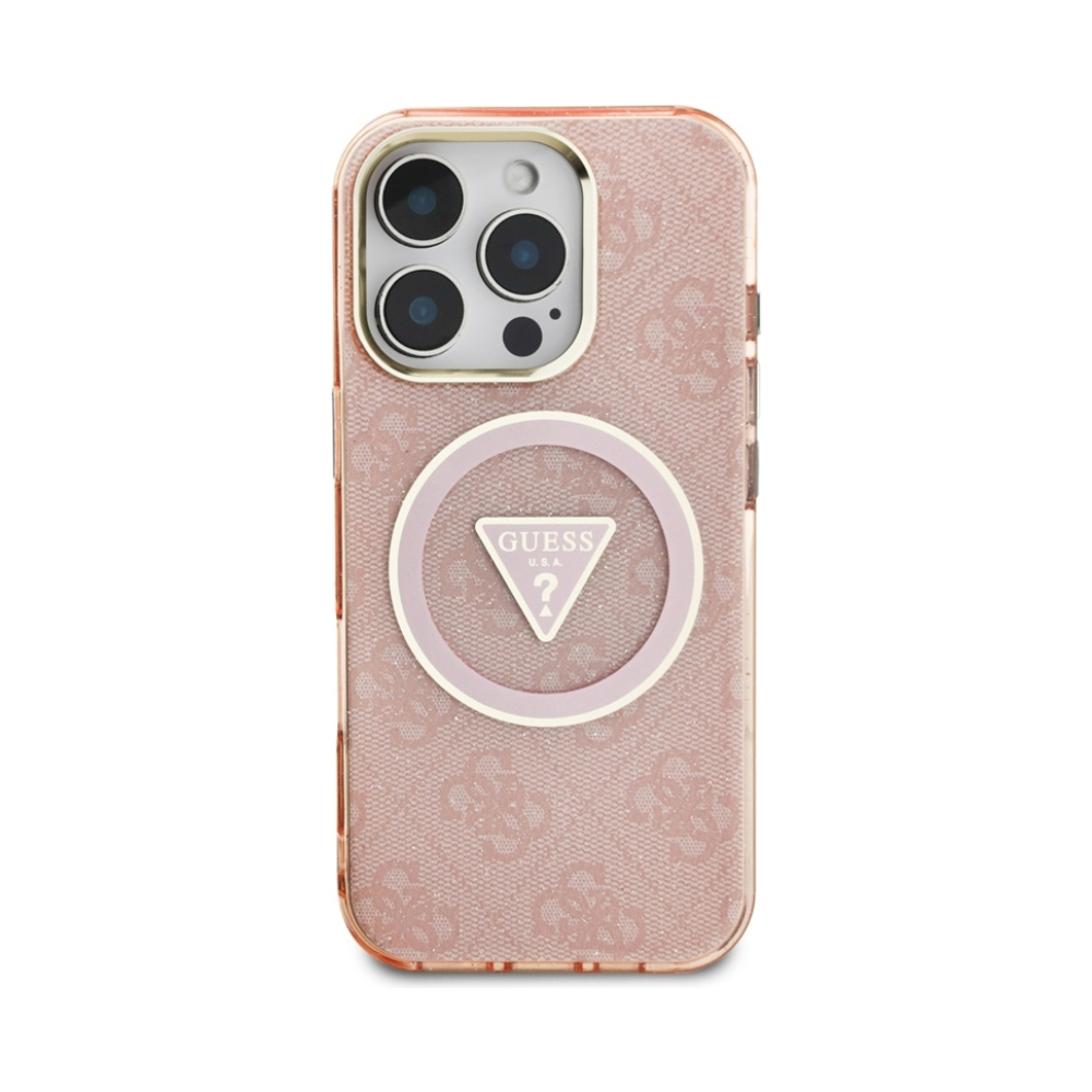 Coque iPhone 16 Pro Guess IML Metal Glitter 4G Circle Triangle MagSafe rose — visuel 3