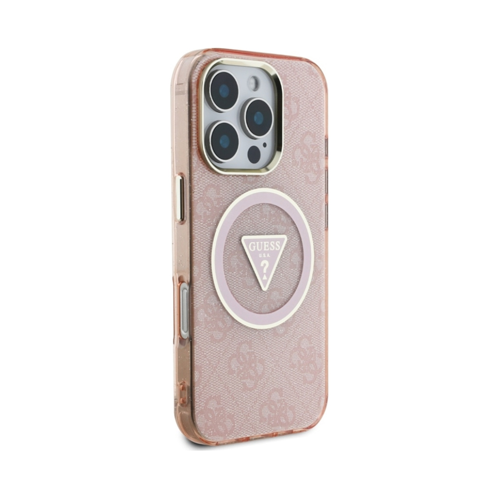 Coque iPhone 16 Pro Guess IML Metal Glitter 4G Circle Triangle MagSafe rose — visuel 4
