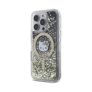 Coque iPhone 16 Pro Hello Kitty Liquid Glitter Fever MagSafe noire et dorée — visuel 2