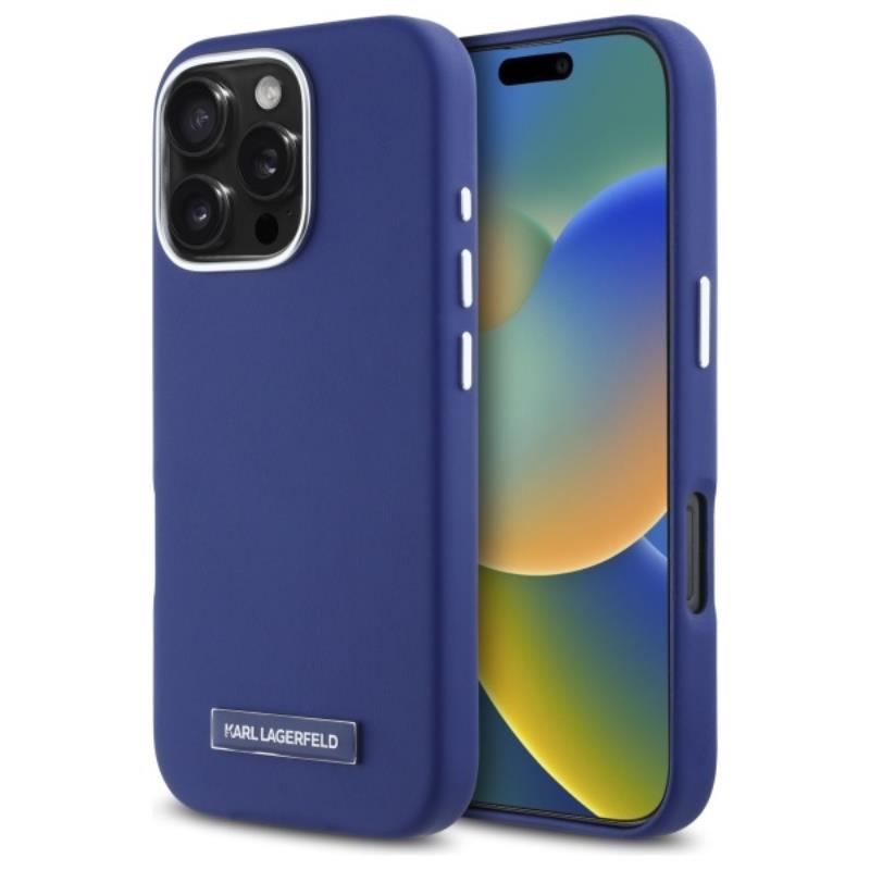 Coque iPhone 16 Pro Karl Lagerfeld FW Metal Plate MagSafe bleue