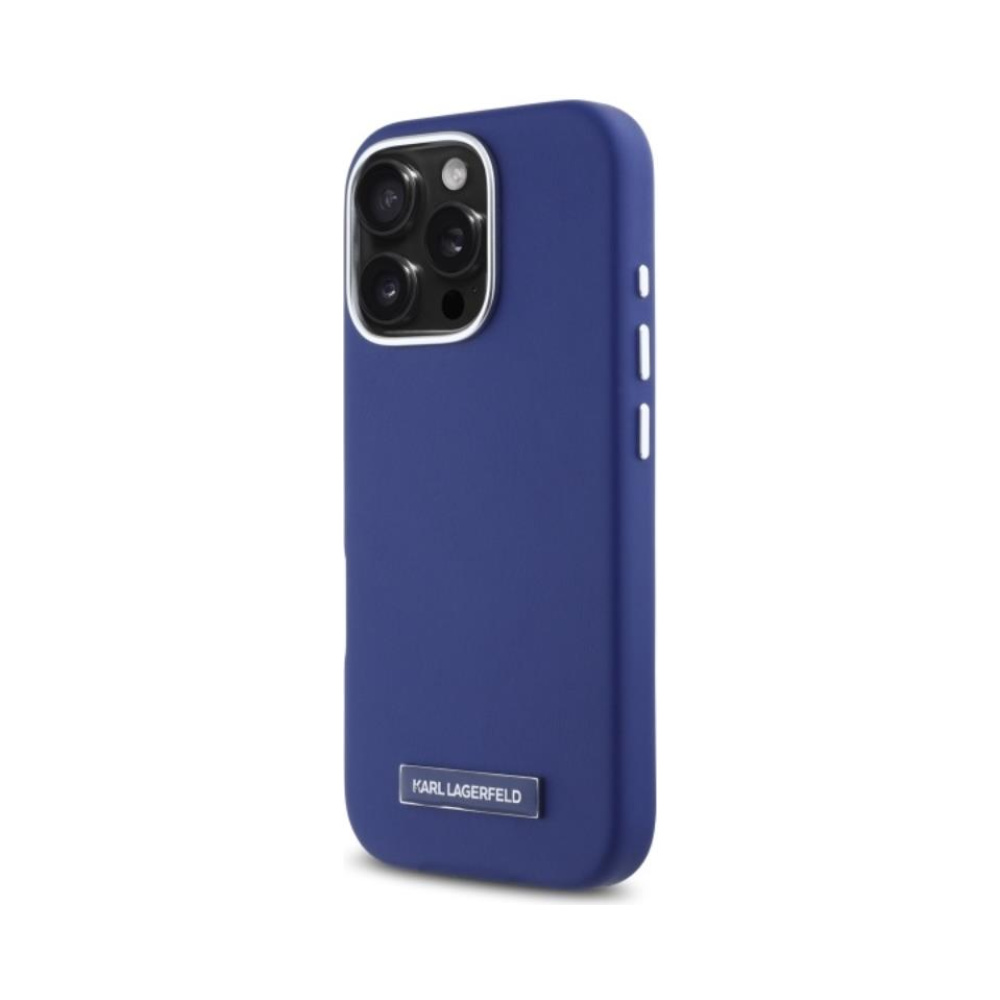 Coque iPhone 16 Pro Karl Lagerfeld FW Metal Plate MagSafe bleue — visuel 2