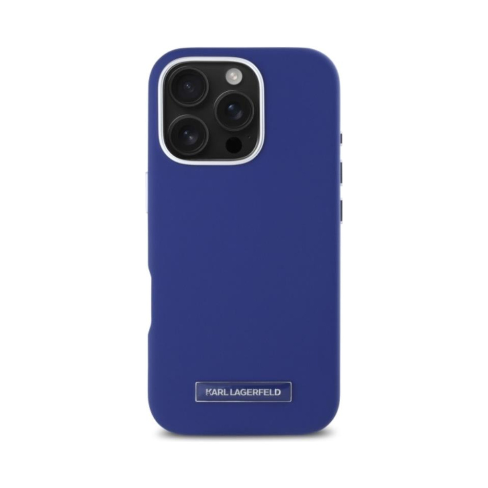 Coque iPhone 16 Pro Karl Lagerfeld FW Metal Plate MagSafe bleue — visuel 3