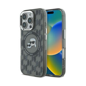 Coque iPhone 16 Pro Karl Lagerfeld IML Monogram Karl & Choupette Head MagSafe noire