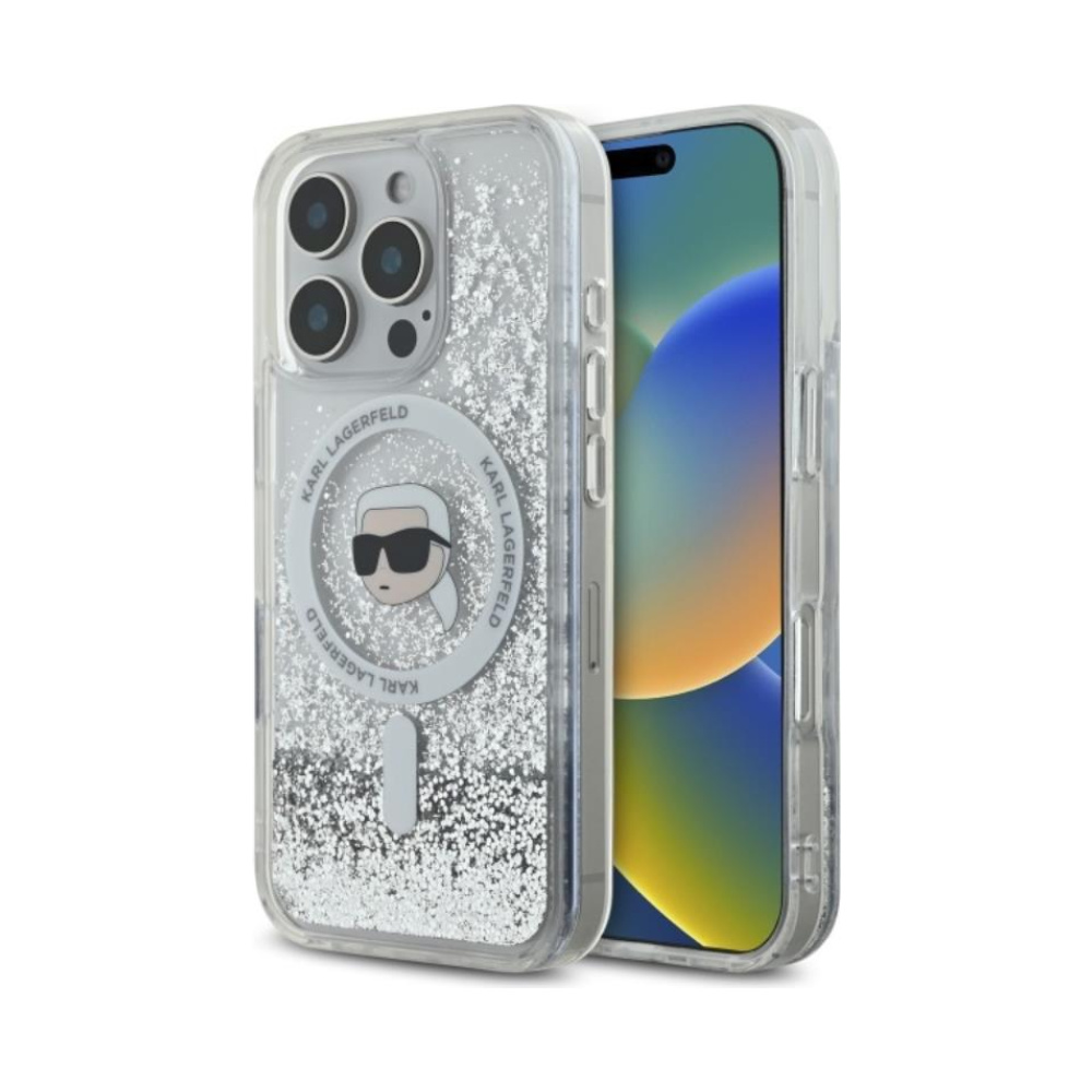 Coque iPhone 16 Pro Karl Lagerfeld Liquid Glitter Karl Head MagSafe transparente