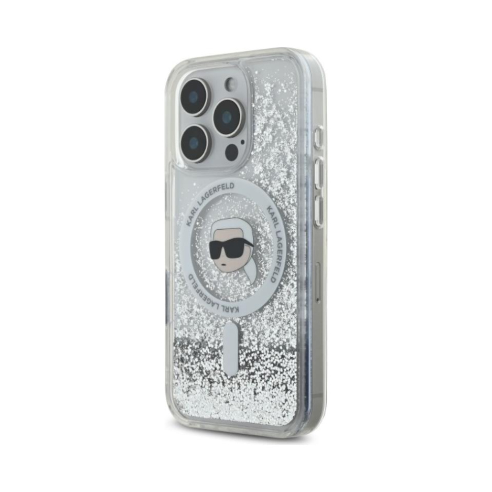 Coque iPhone 16 Pro Karl Lagerfeld Liquid Glitter Karl Head MagSafe transparente — visuel 2