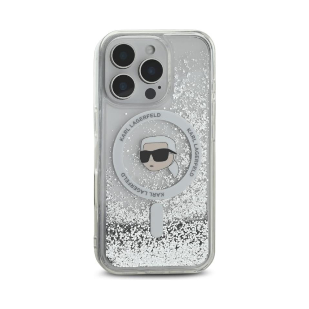 Coque iPhone 16 Pro Karl Lagerfeld Liquid Glitter Karl Head MagSafe transparente — visuel 3