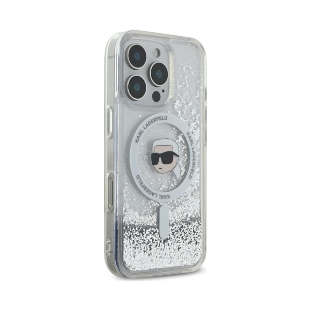 Coque iPhone 16 Pro Karl Lagerfeld Liquid Glitter Karl Head MagSafe transparente — visuel 4