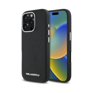 Coque iPhone 16 Pro Karl Lagerfeld Saffiano Full Wrapped Elongated Metal Logo MagSafe noire