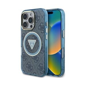 Coque iPhone 16 Pro Max Guess IML Metal Glitter 4G Circle Triangle MagSafe bleue