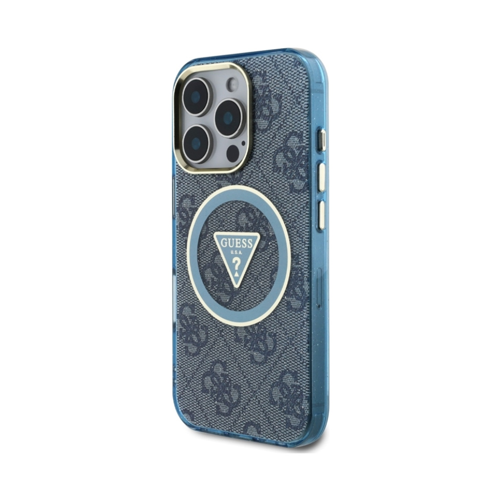 Coque iPhone 16 Pro Max Guess IML Metal Glitter 4G Circle Triangle MagSafe bleue — visuel 2