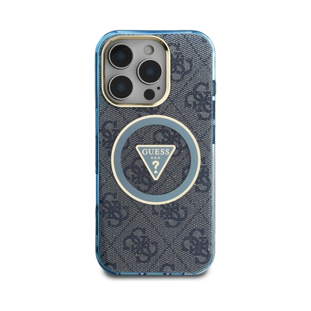 Coque iPhone 16 Pro Max Guess IML Metal Glitter 4G Circle Triangle MagSafe bleue — visuel 3