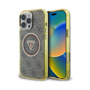 Coque iPhone 16 Pro Max Guess IML Metal Glitter 4G Circle Triangle MagSafe brune