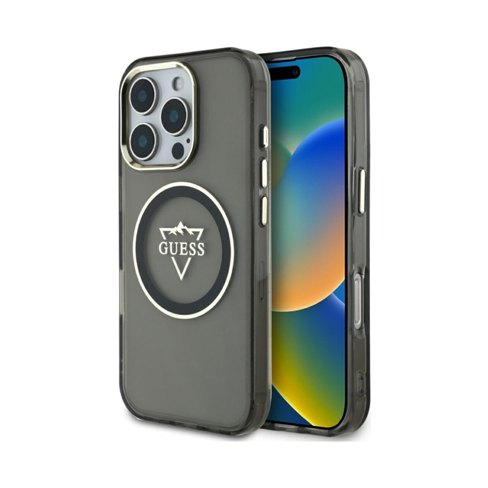 Coque iPhone 16 Pro Max Guess IML Metal Mountain Logo MagSafe noire